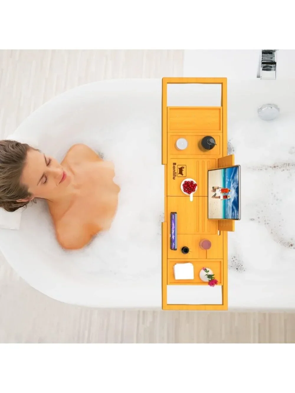 Expandable Bamboo Bathtub Tray Caddy - Fits Most Tubs, Spa Organizer & Table
